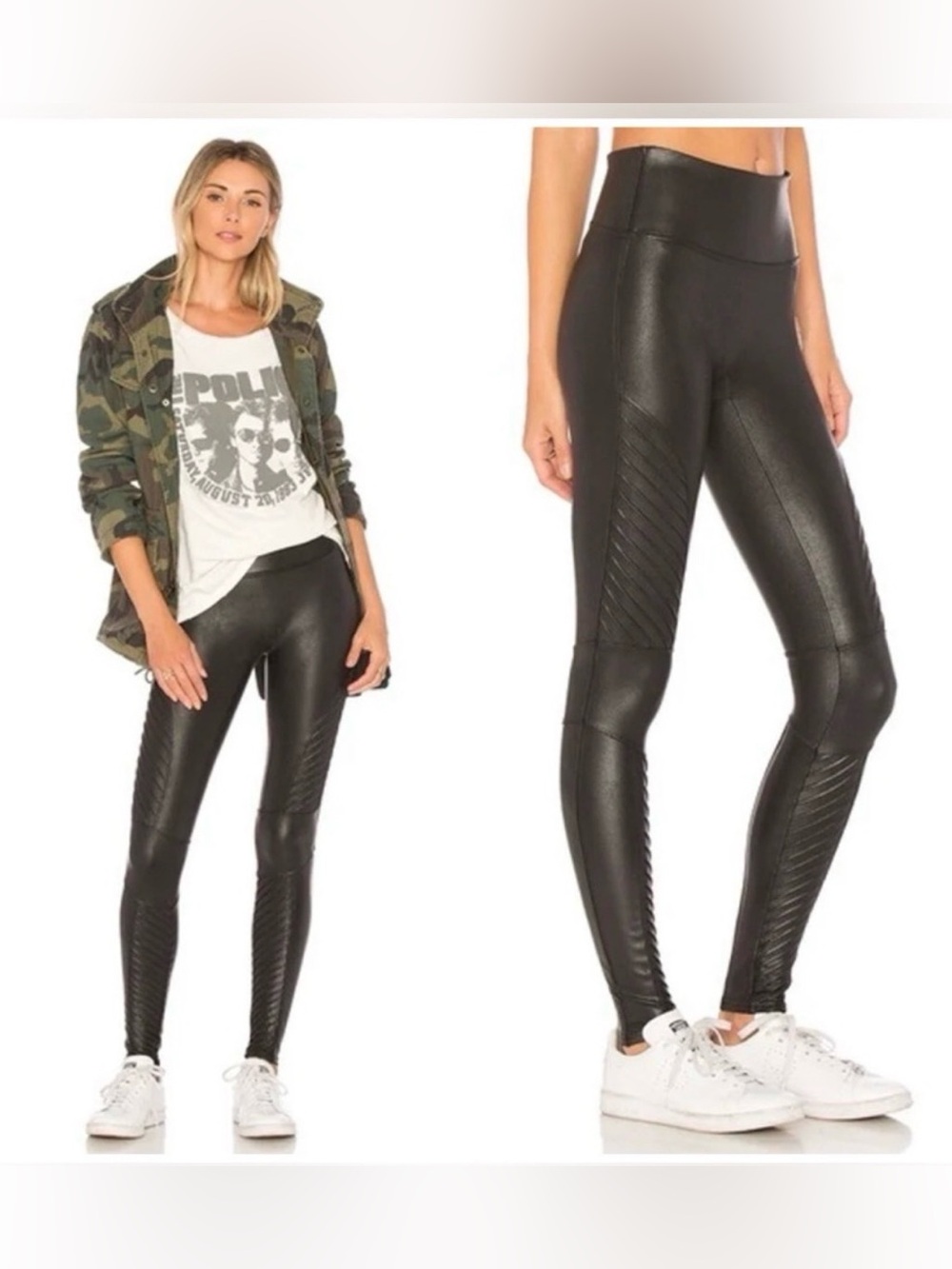 SPANX Black Faux Leather Moto Ribbed High-Rise Leggings Size Small Petite